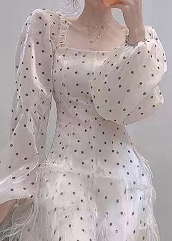 Slim Fit Beige Square Collar Dot Tulle Long Dresses Spring