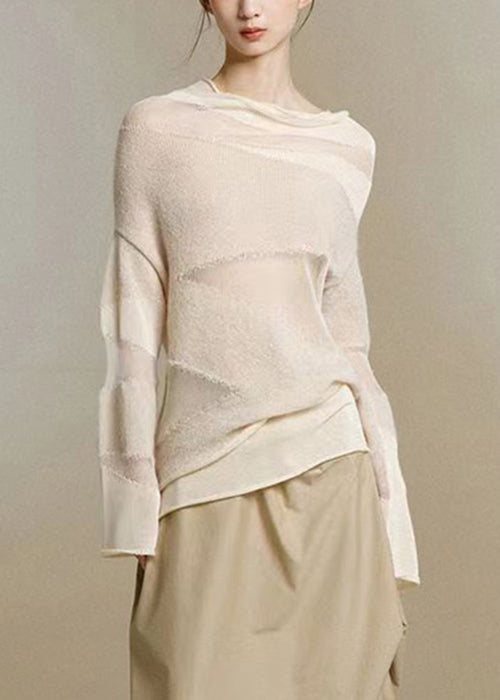 Slim Fit Beige Turtleneck Tulle Patchwork Thin Knit Top Fall