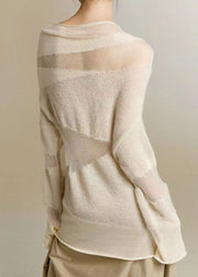 Slim Fit Beige Turtleneck Tulle Patchwork Thin Knit Top Fall