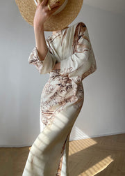 Slim Fit Beige Wrinkled Print Silk Long Dresses Lantern Sleeve