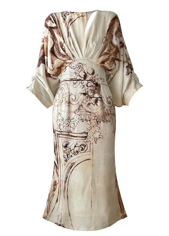 Slim Fit Beige Wrinkled Print Silk Long Dresses Lantern Sleeve