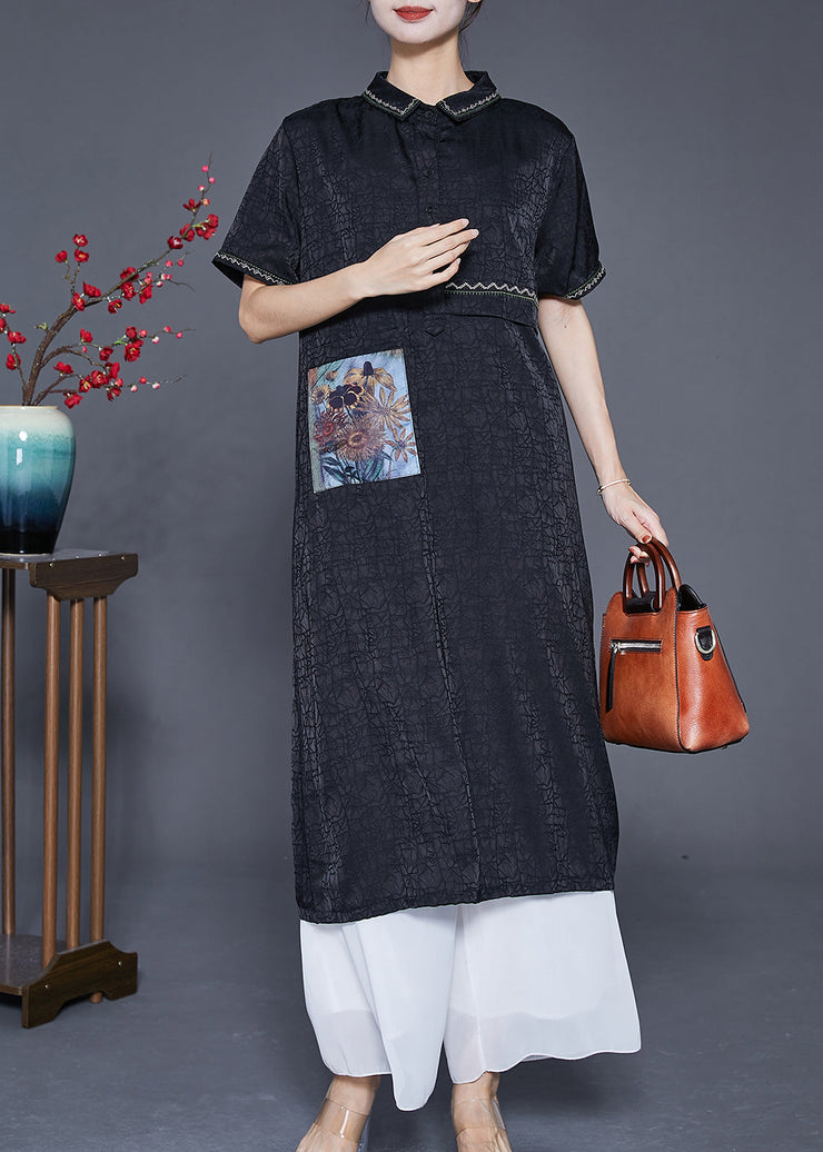 Slim Fit Black Embroideried Applique Silk Dresses Summer