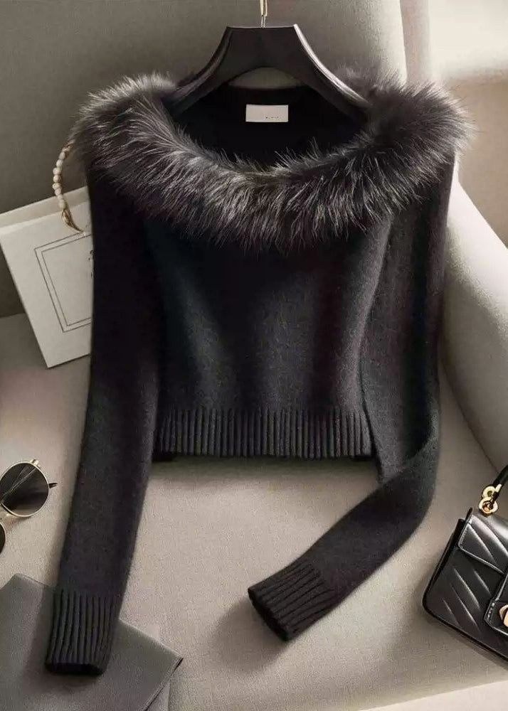 Slim Fit Black Fur Collar Cotton Knit Sweater Winter