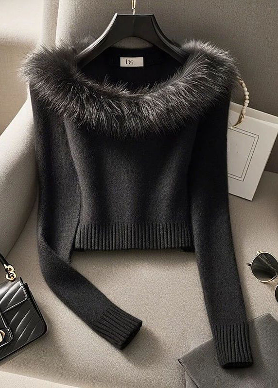 Slim Fit Black Fur Collar Cotton Knit Sweater Winter