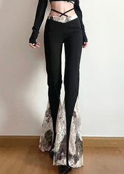 Slim Fit Black High Waist Lace Patchwork Flare Bottoms Fall