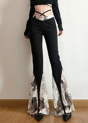 Slim Fit Black High Waist Lace Patchwork Flare Bottoms Fall