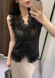 Slim Fit Black Hollow Out Lace Vest Sleeveless