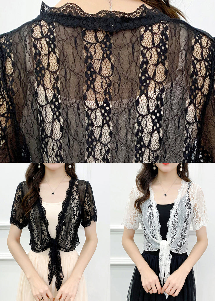 Slim Fit Black Lace Up Hollow Out Lace Cardigans Summer