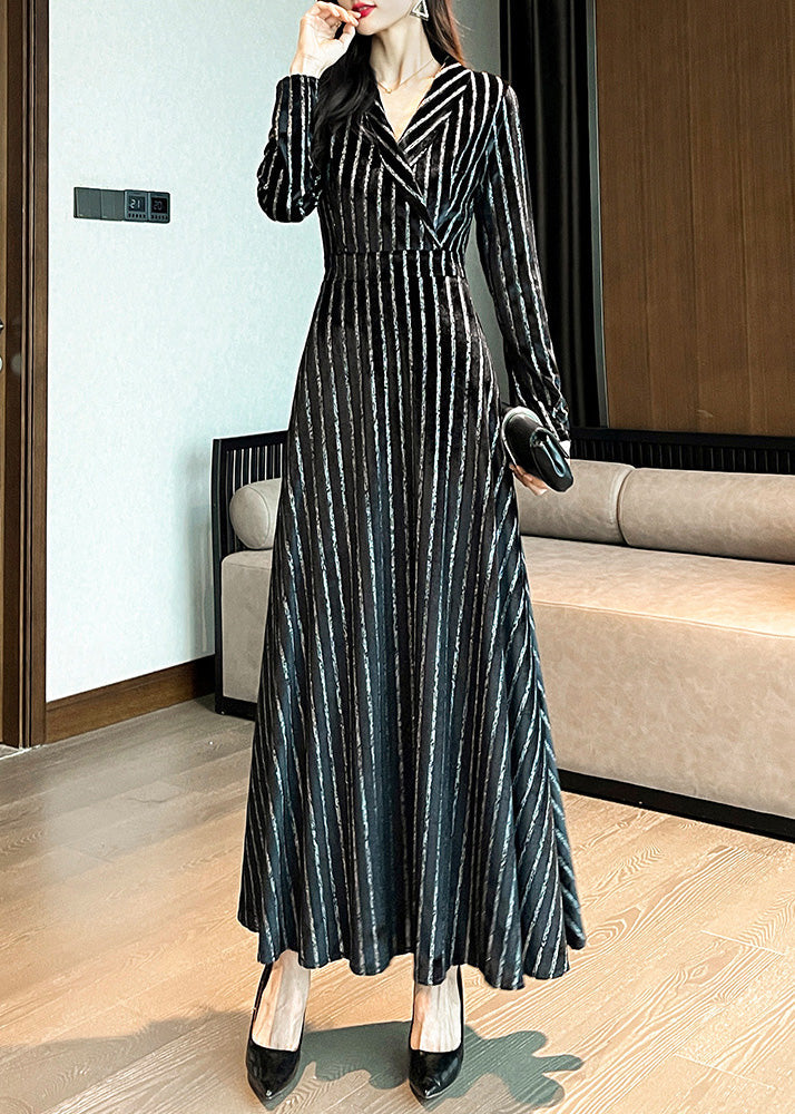 Slim Fit Black Notched Striped Maxi Dresses Long Sleeve