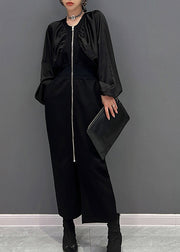 Slim Fit Black O-Neck Zippered Maxi Dress Fall