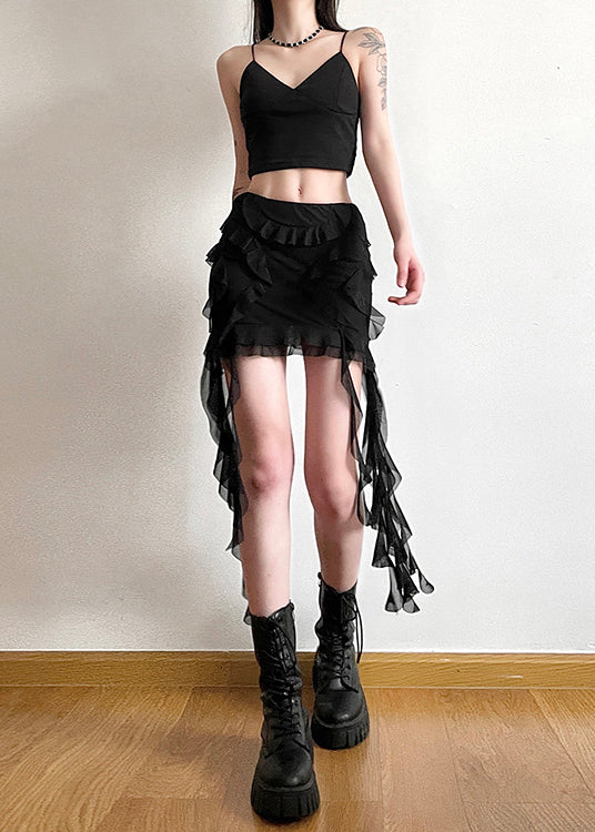Slim Fit Black Ruffled Patchwork Tulle Short Skirts Summer