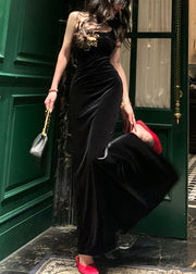Slim Fit Black Side Open Silk Velvet Spaghetti Strap Dress Sleeveless