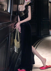 Slim Fit Black Side Open Silk Velvet Spaghetti Strap Dress Sleeveless