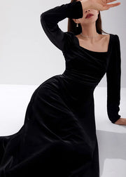 Slim Fit Black Square Collar High Waist Velour Dress Fall