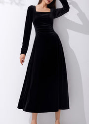 Slim Fit Black Square Collar High Waist Velour Dress Fall