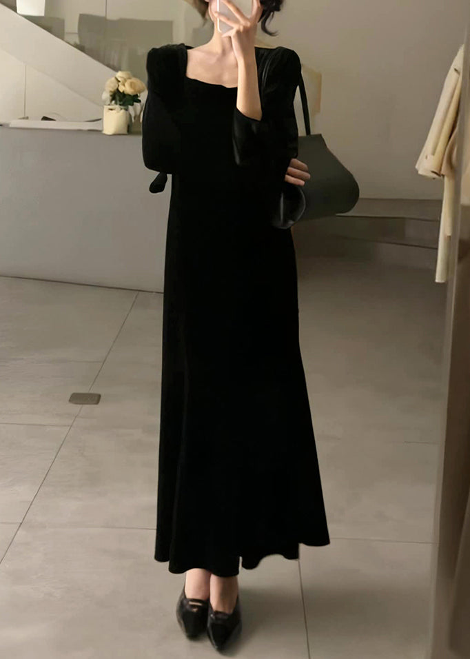 Slim Fit Black Square Collar Silk Velvet Long Dresses Long Sleeve