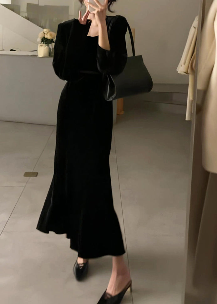 Slim Fit Black Square Collar Silk Velvet Long Dresses Long Sleeve