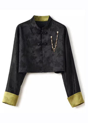 Slim Fit Black Stand Collar Embroidered Button Silk Linen Coat Long Sleeve