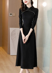 Slim Fit Black Stand Collar Embroidered Patchwork Maxi Dress Fall