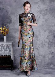 Slim Fit Black Stand Collar Embroidered Patchwork Silk Fishtail Dress Summer