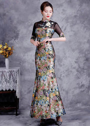 Slim Fit Black Stand Collar Embroidered Patchwork Silk Fishtail Dress Summer