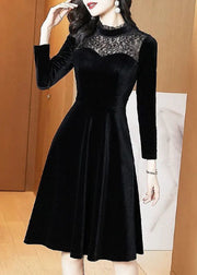 Slim Fit Black Stand Collar Lace Patchwork Silk Velour Party Dress Spring