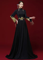 Slim Fit Black Stand Collar Patchwork Silk Mopping Fishtail Maxi Dress Long Sleeve