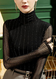 Slim Fit Black Turtleneck Bright Silk Lace Tops Fall