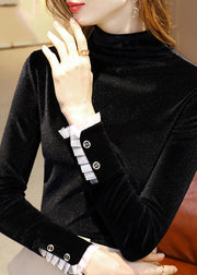 Slim Fit Black Turtleneck Warm Fleece Thick Velour Tops Bottoming Shirt