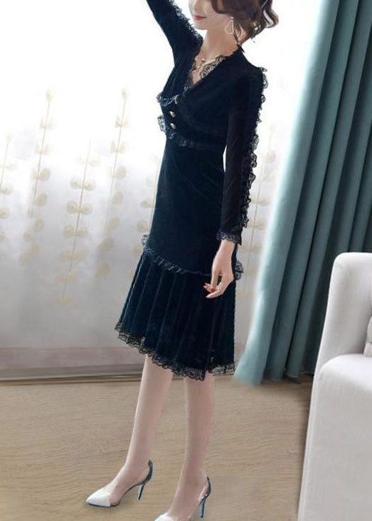 Slim Fit Black V Neck Lace Patchwork Silk Velour Wraped Dress Spring