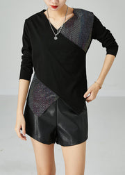 Slim Fit Black V Neck Patchwork Zircon Cotton Blouses Spring