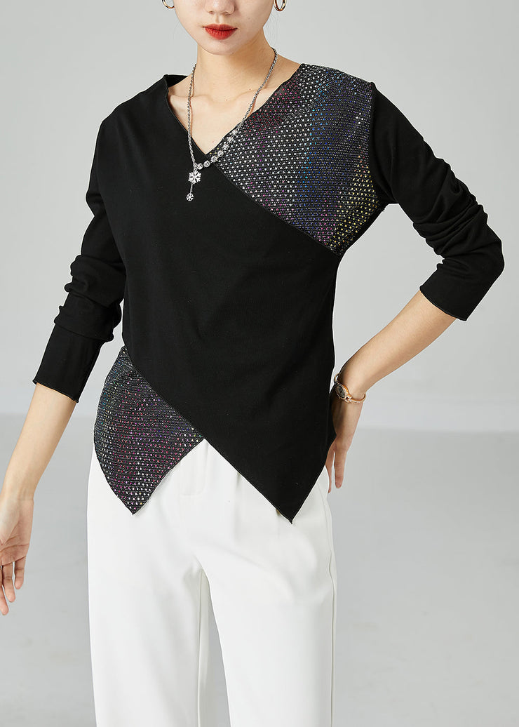 Slim Fit Black V Neck Patchwork Zircon Cotton Blouses Spring