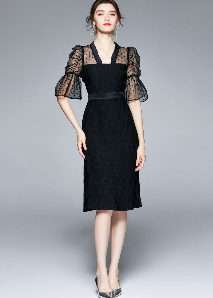 Slim Fit Black V Neck Tulle Patchwork Cotton Dress Flare Sleeve