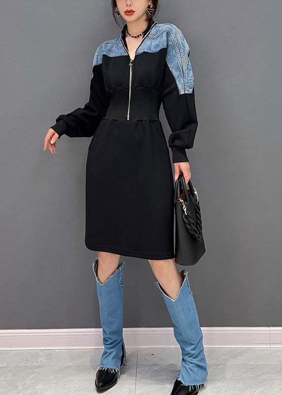 Slim Fit Black V Neck Zippered Patchwork Denim Maxi Dresses Long Sleeve