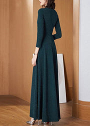 Slim Fit Blackish Green V Neck Wrinkled Dress Long Sleeve