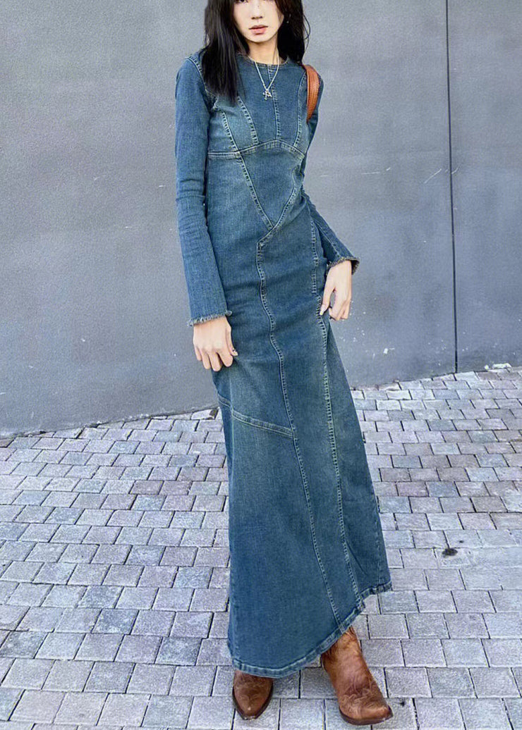 Slim Fit Blue Back Side Open Original Design Denim Long Dresses Spring