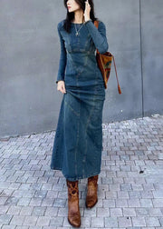 Slim Fit Blue Back Side Open Original Design Denim Long Dresses Spring