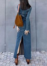 Slim Fit Blue Back Side Open Original Design Denim Long Dresses Spring