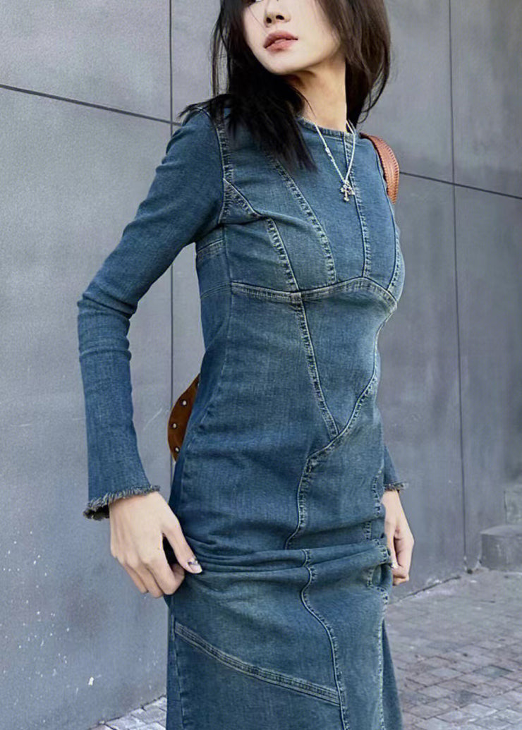 Slim Fit Blue Back Side Open Original Design Denim Long Dresses Spring