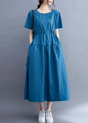 Slim Fit Blue Cinched Patchwork Cotton Maxi Dresses Summer