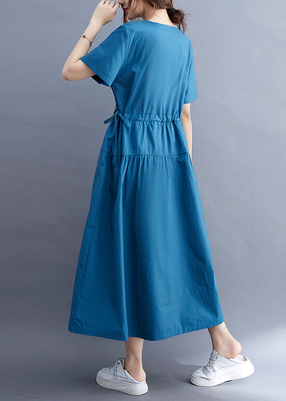 Slim Fit Blue Cinched Patchwork Cotton Maxi Dresses Summer