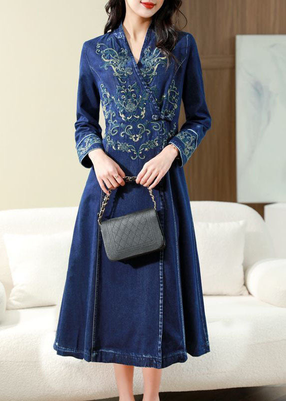 Slim Fit Blue Embroideried Chinese Button Exra Large Hem Denim Dress Spring