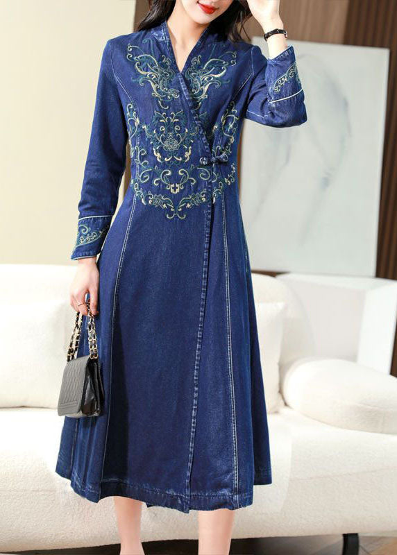 Slim Fit Blue Embroideried Chinese Button Exra Large Hem Denim Dress Spring