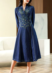 Slim Fit Blue Embroideried Chinese Button Exra Large Hem Denim Dress Spring