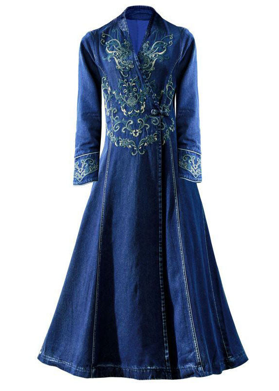 Slim Fit Blue Embroideried Chinese Button Exra Large Hem Denim Dress Spring