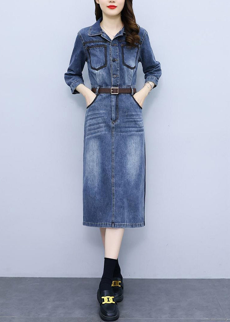 Slim Fit Blue Peter Pan Collar Patchwork Sashes Denim Maxi Dresses Bracelet Sleeve