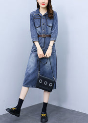 Slim Fit Blue Peter Pan Collar Patchwork Sashes Denim Maxi Dresses Bracelet Sleeve