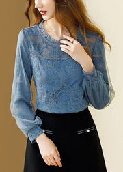 Slim Fit Blue Ruffled Button Lace Shirt Spring