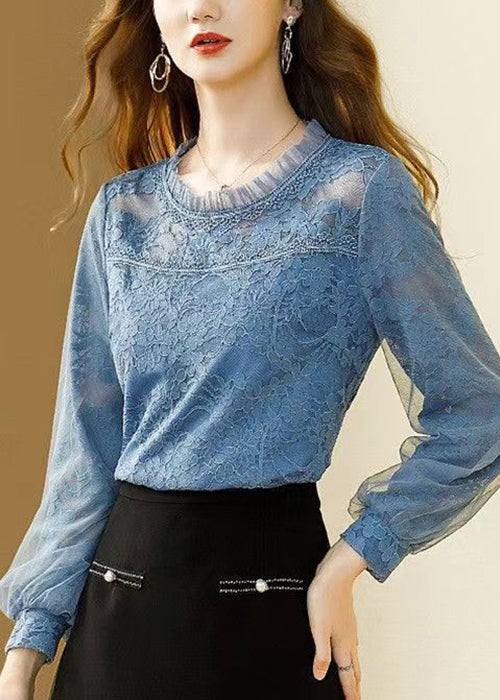 Slim Fit Blue Ruffled Button Lace Shirt Spring