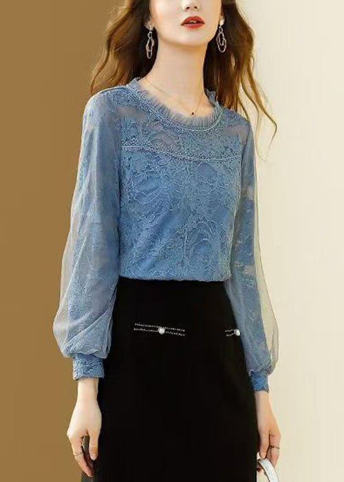 Slim Fit Blue Ruffled Button Lace Shirt Spring